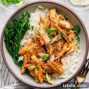 Sticky Honey Garlic Chicken Recipe 11 Crockpot honey garlic chicken rice bowl with broccolini, green onions, and sesame seeds