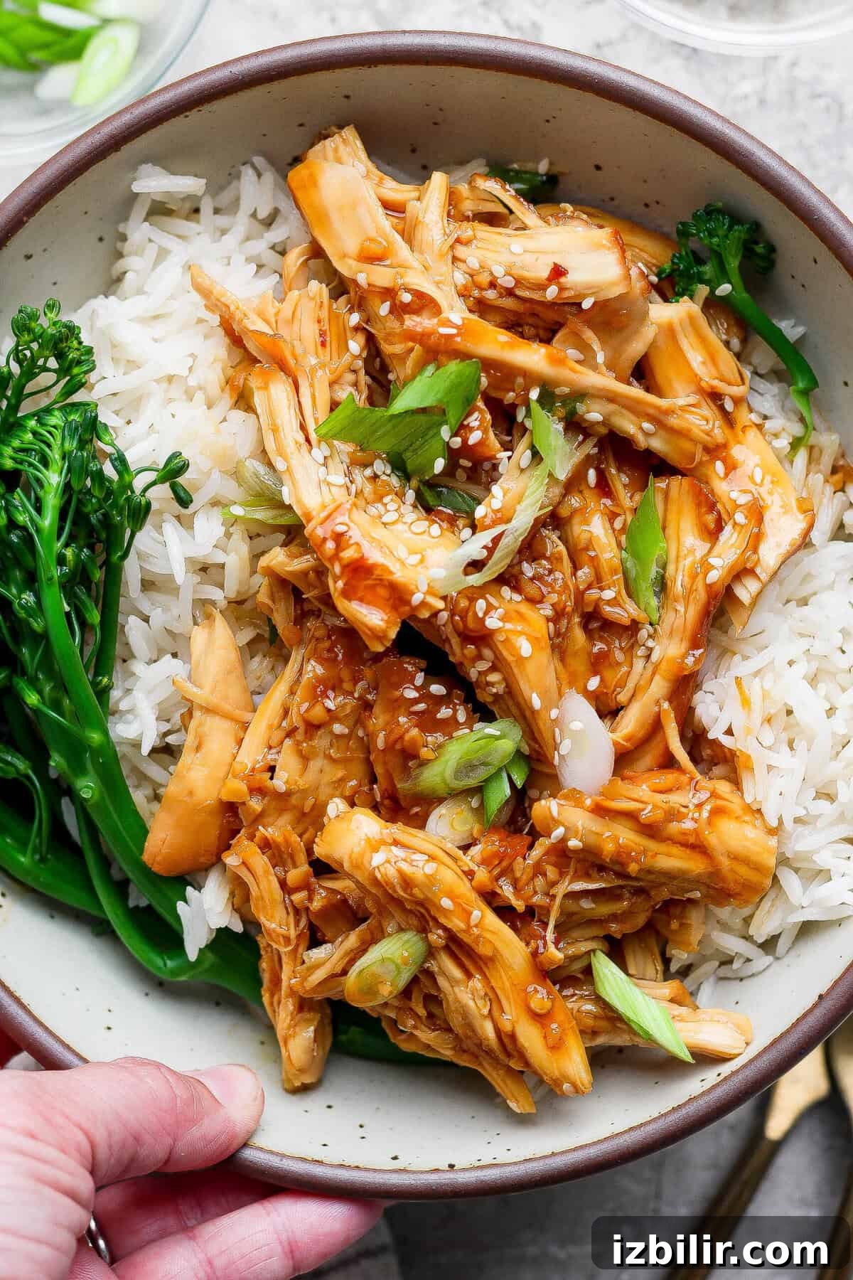 Sticky Honey Garlic Chicken Recipe 9 Hand holding a bowl of crockpot honey garlic chicken with rice, broccolini, and sesame seeds