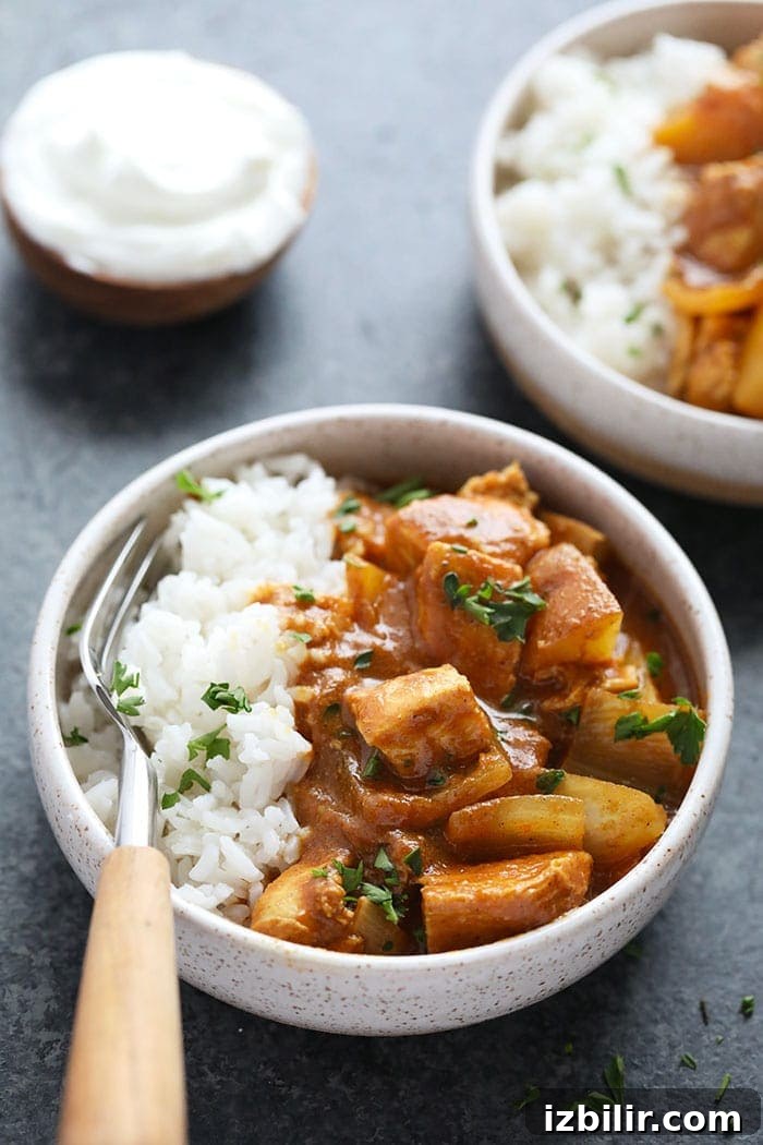 slow cooker chicken tikka masala in a bowl with rice