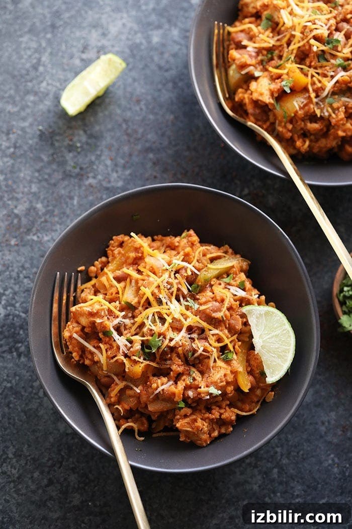 A bowl of slow cooker chicken enchilada casserole.