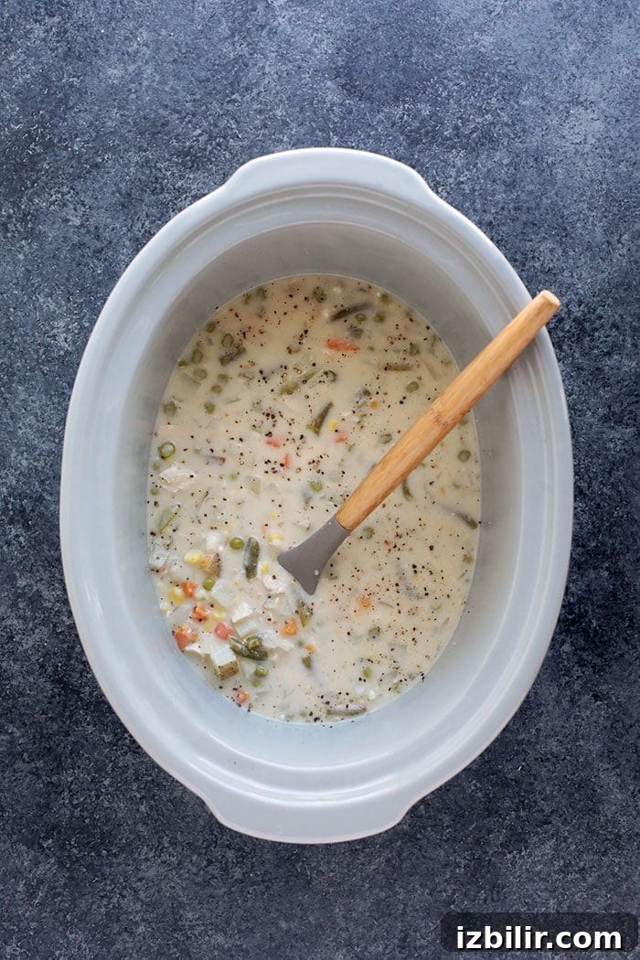 Slow Cooker Chicken Pot Pie Soup Slow cooker chicken pot pie soup with a spoon.