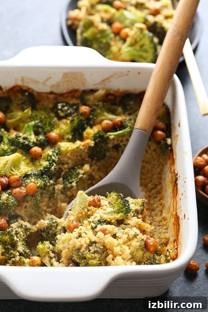 Casserole in baking dish healthy vegan broccoli and cheese casserole in a baking dish