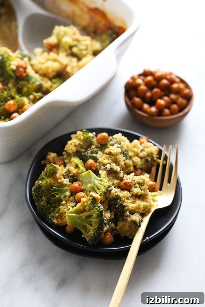 Served casserole vegan broccoli and cheese casserole on a plate