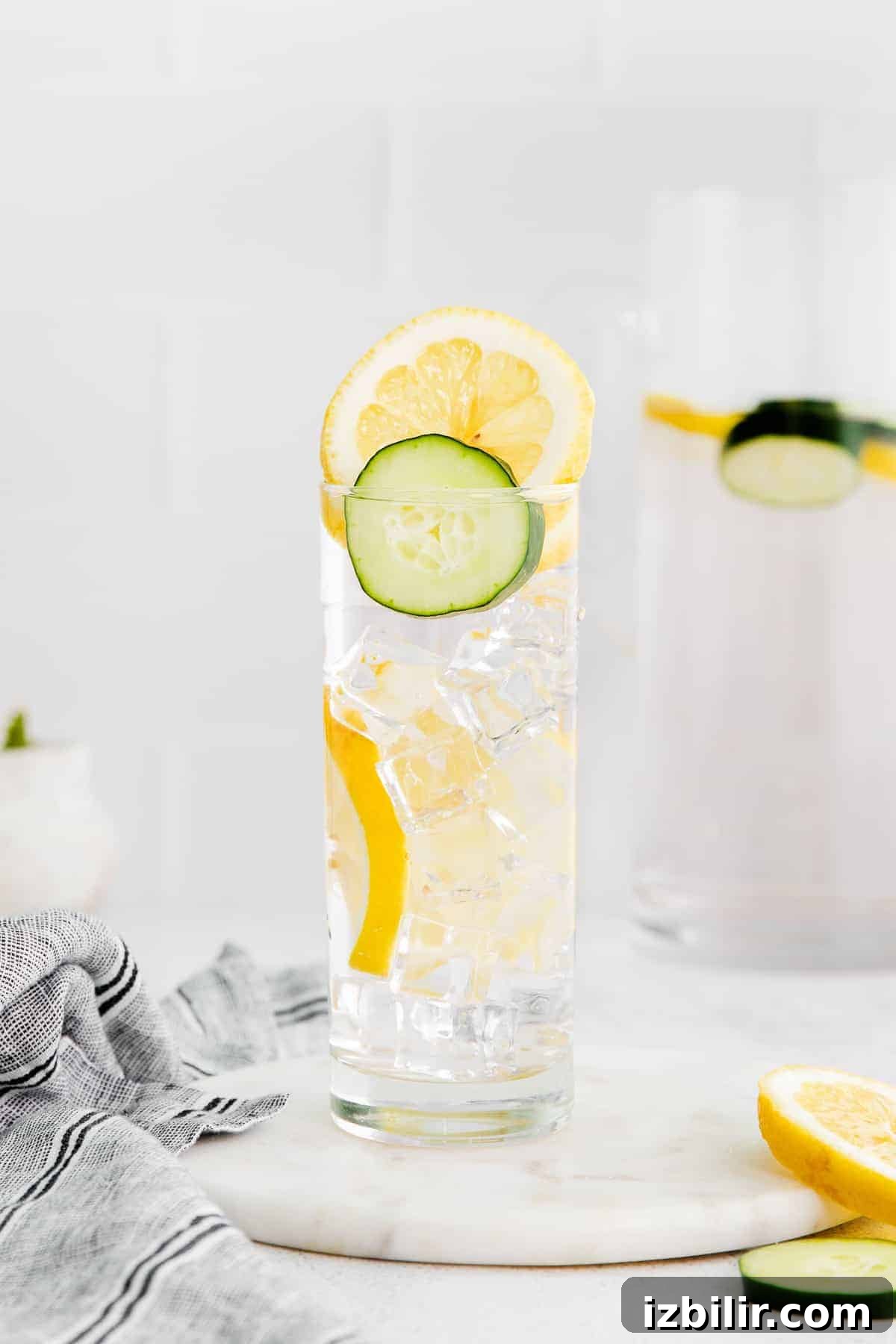Refreshing Fruit-Infused Water Recipes to Try 7 Cucumber and lemon infused water in a glass.