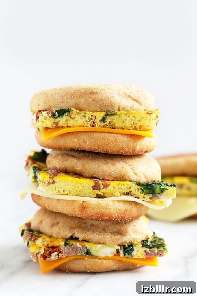 freezer breakfast sandwiches stacked three high.