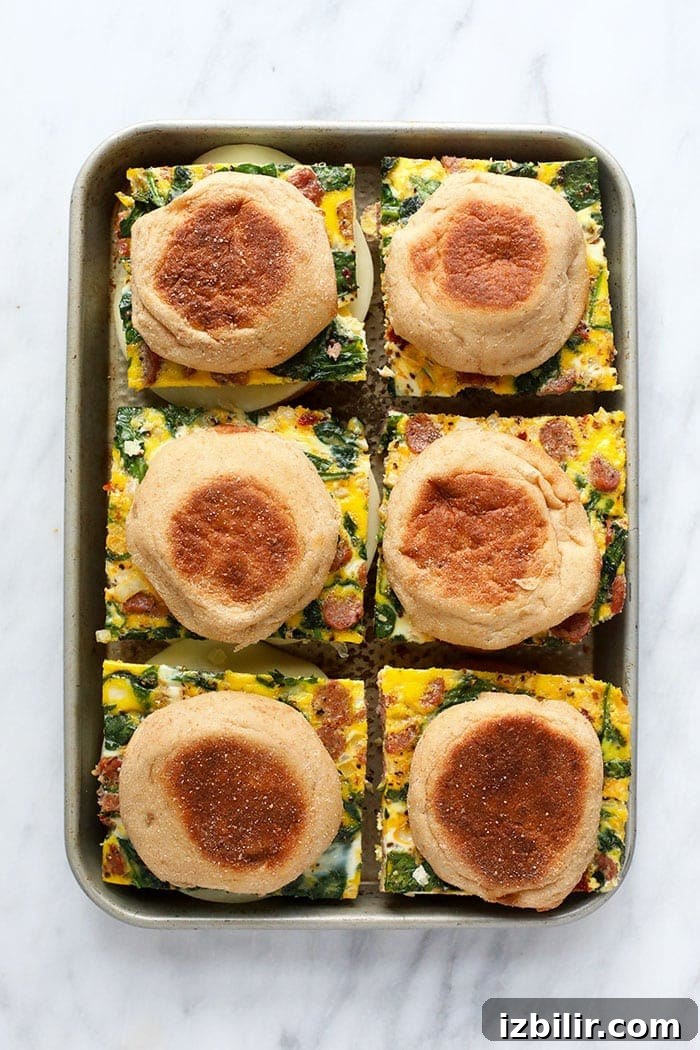 freezer breakfast sandwiches on a sheet pan ready to be wrapped and frozen.