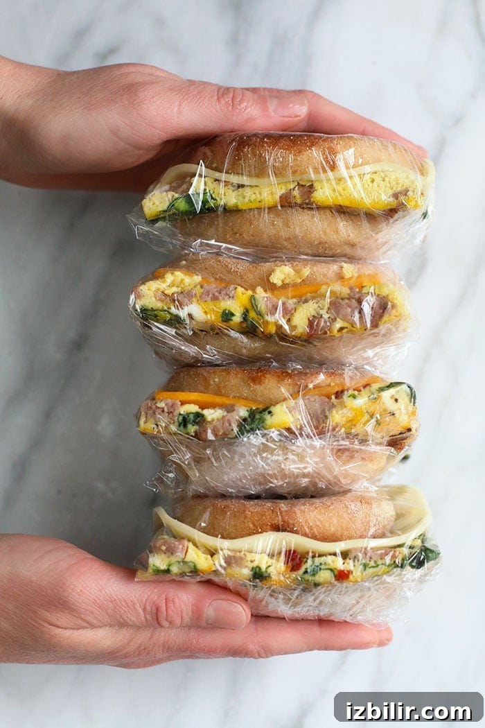 freezer breakfast sandwiches wrapped in plastic wrap.