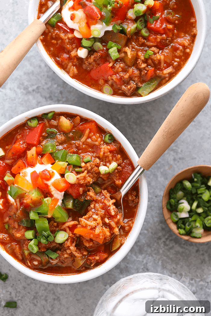 Stuffed pepper soup in a bowl.
