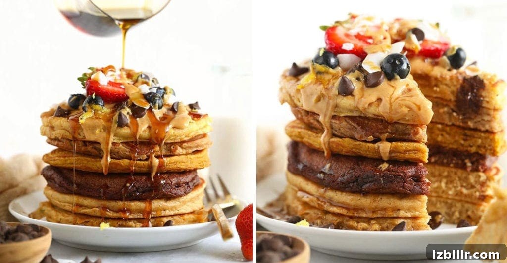 Fluffy Carrot Cake Pancake Recipe with Cream Cheese Glaze 2 pouring syrup on pancakes.