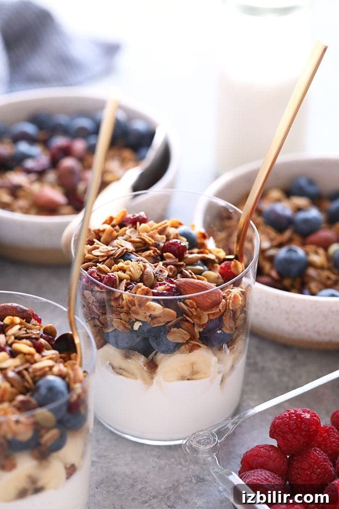 Make a batch of this healthy granola for quick access to a healthy crunch all week long! A yogurt parfait with granola and fruit