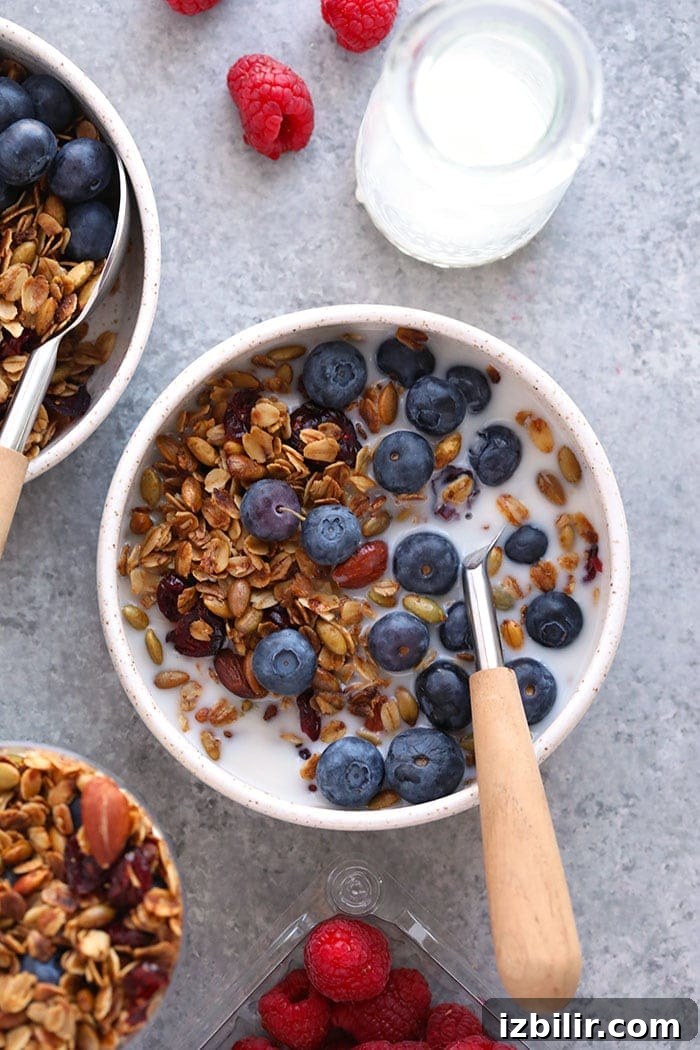 Store granola in an airtight container for easy breakfasts Healthy granola in a bowl with blueberries and milk.