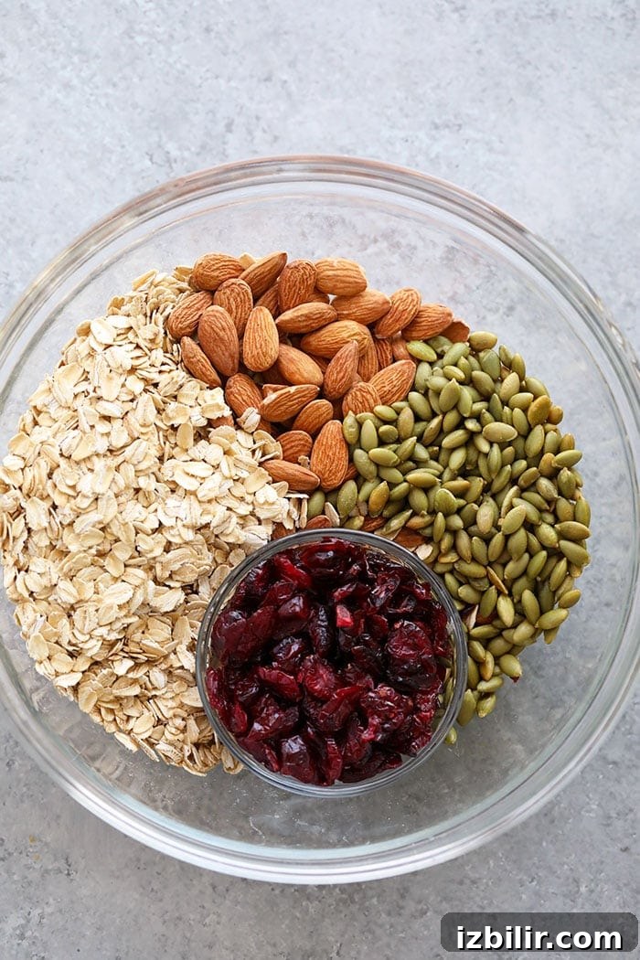 Ingredients for easy homemade granola Ingredients for the healthy granola in a bowl.