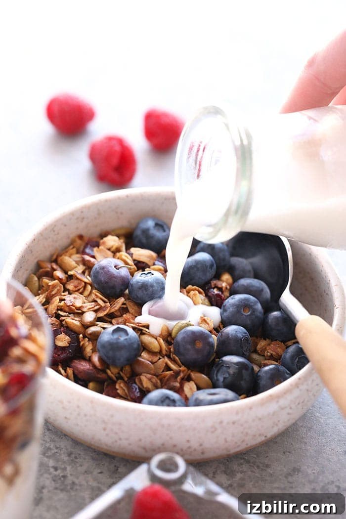 Serve granola with milk and fresh berries Granola in a bowl with milk and blueberries.