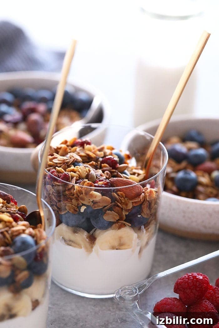 Yogurt parfait layered with homemade granola Yogurt parfait with granola