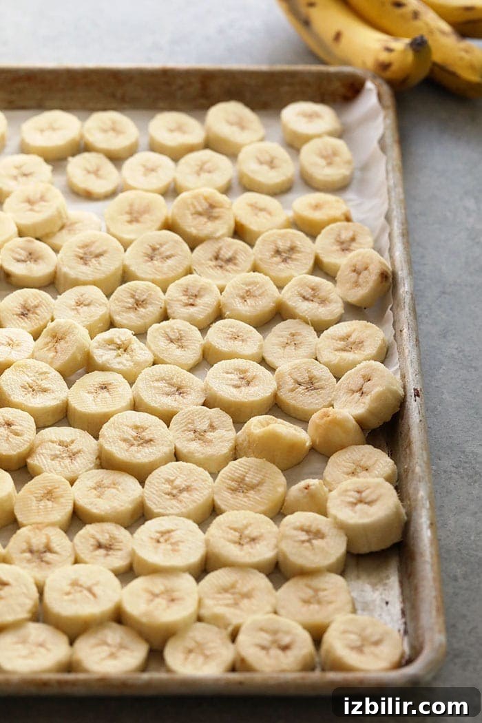 Sliced bananas on a baking sheet slices of bananas on a baking sheet