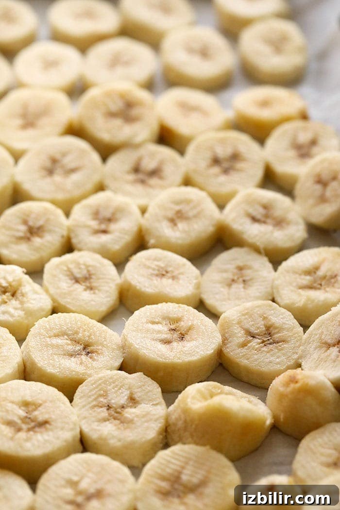 Close-up of frozen banana slices A close up shot of frozen bananas