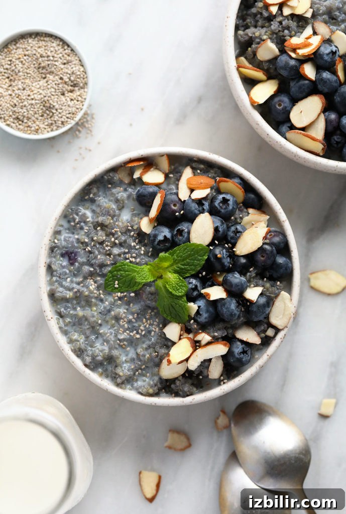 Blueberry quinoa breakfast bowl in a bowl and ready to eat. 