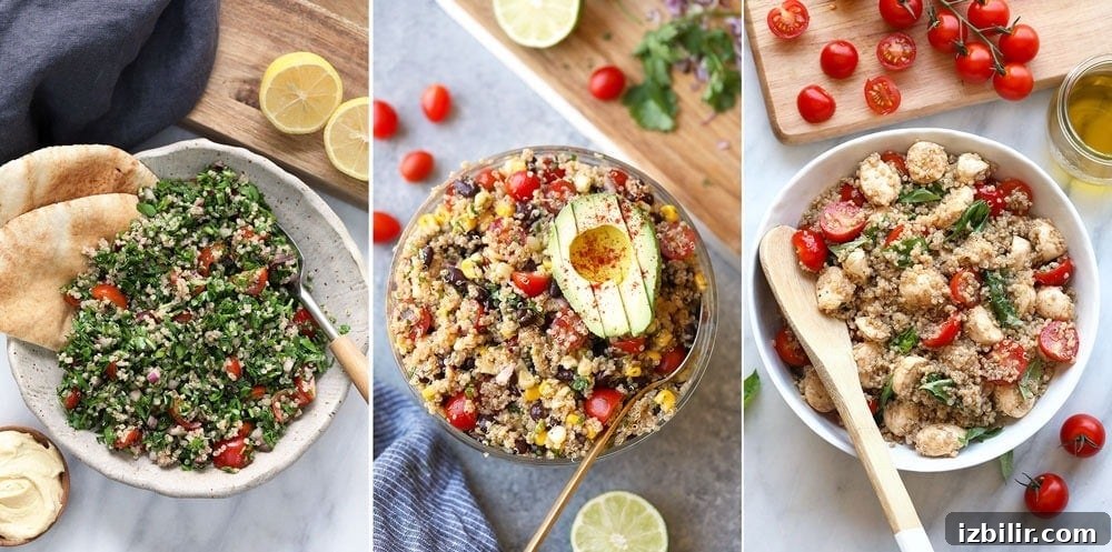 These quinoa salad recipes are protein AND veggie packed! Make one today! Quinoa tabouli, Mexican quinoa salad, Caprese quinoa salad