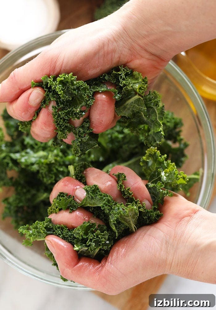 Two hands massaging kale