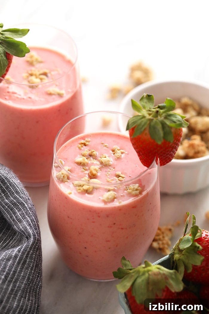 Strawberry smoothie in a glass.