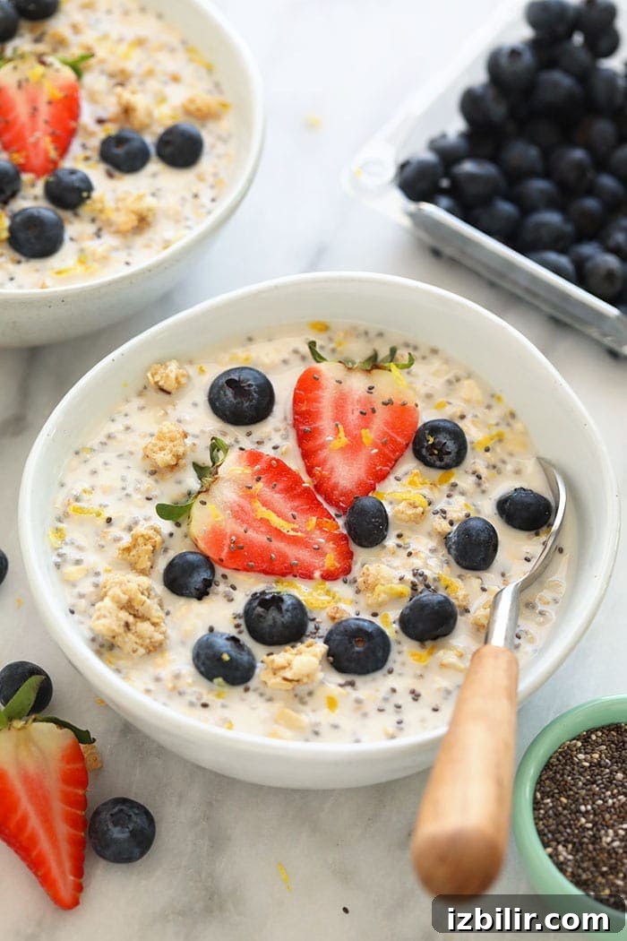 Lemon cheesecake overnight oats made with Greek yogurt, chia seeds, and lemon zest healthy overnight oats