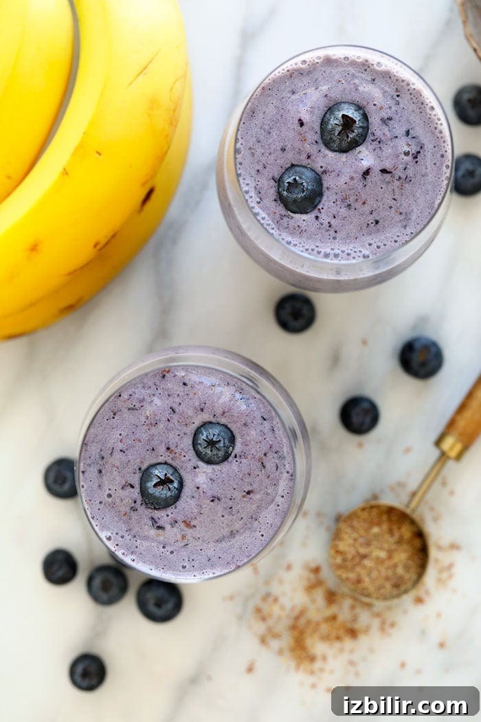 Two blueberry banana smoothies in a glass