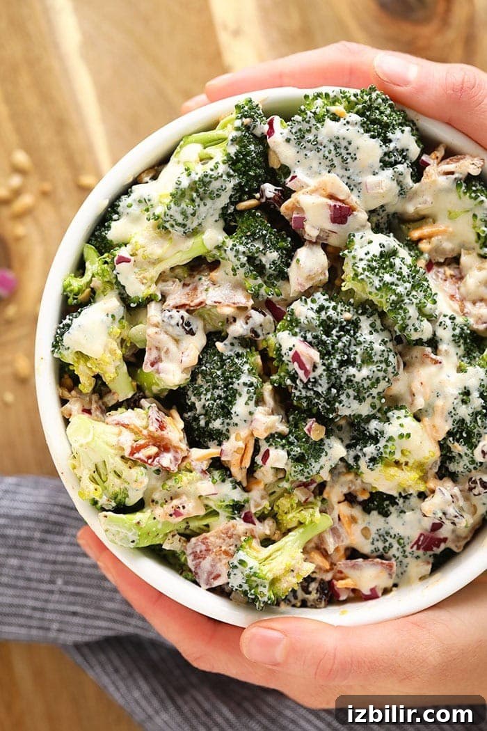 A bowl of healthy broccoli salad.