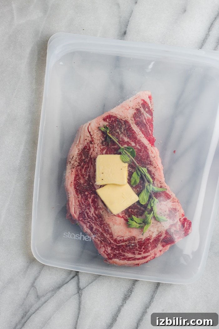 Steak in a stasher bag with butter and herbs.
