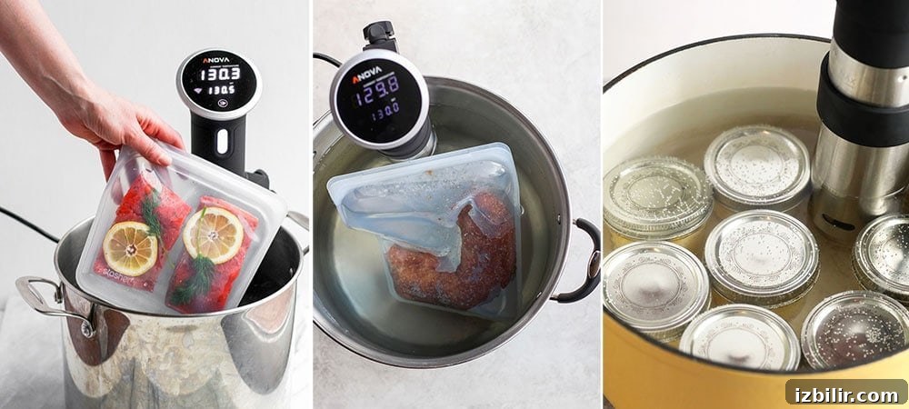 Three photos of sous vide cooking