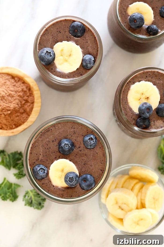 Serve chilled superfood protein smoothie in a glass