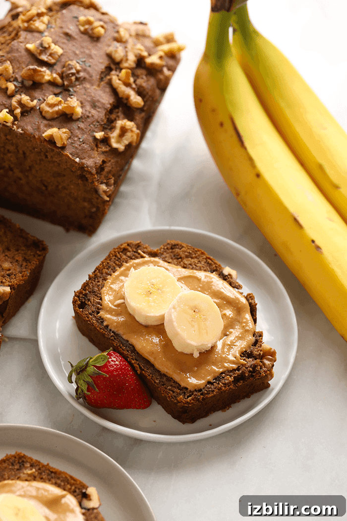 Vegan banana bread with nut butter on top