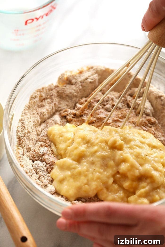 Vegan banana bread ingredients in a bowl.