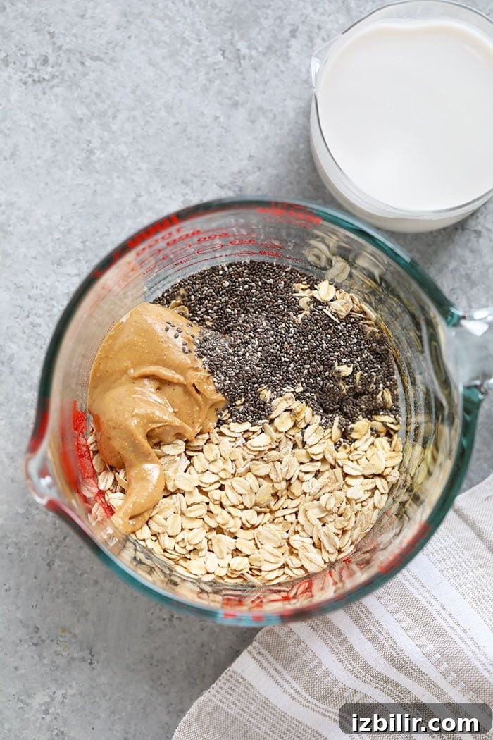 oats, peanut butter, chia seeds, and almond milk