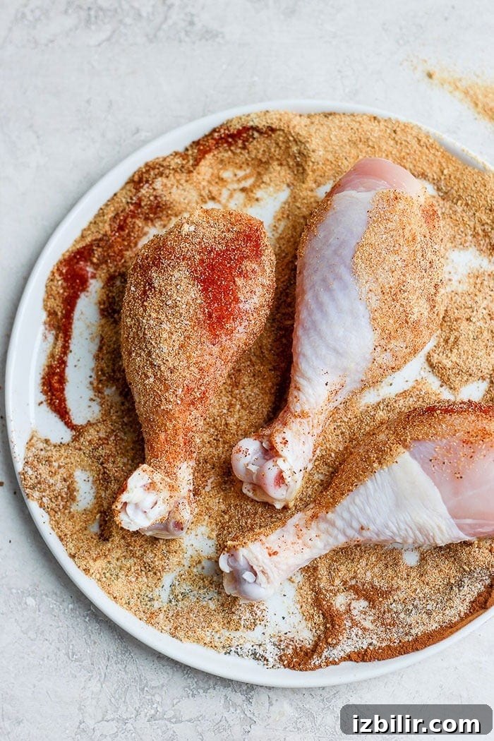 Chicken legs coated with dry rub chicken with dry rub on it.
