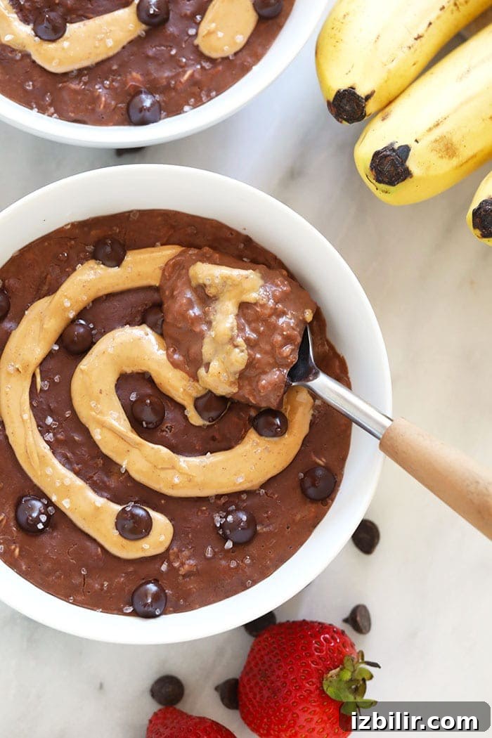 Brownie Batter Peanut Butter Swirl Stovetop Oatmeal chocolate oatmeal with peanut butter swirl