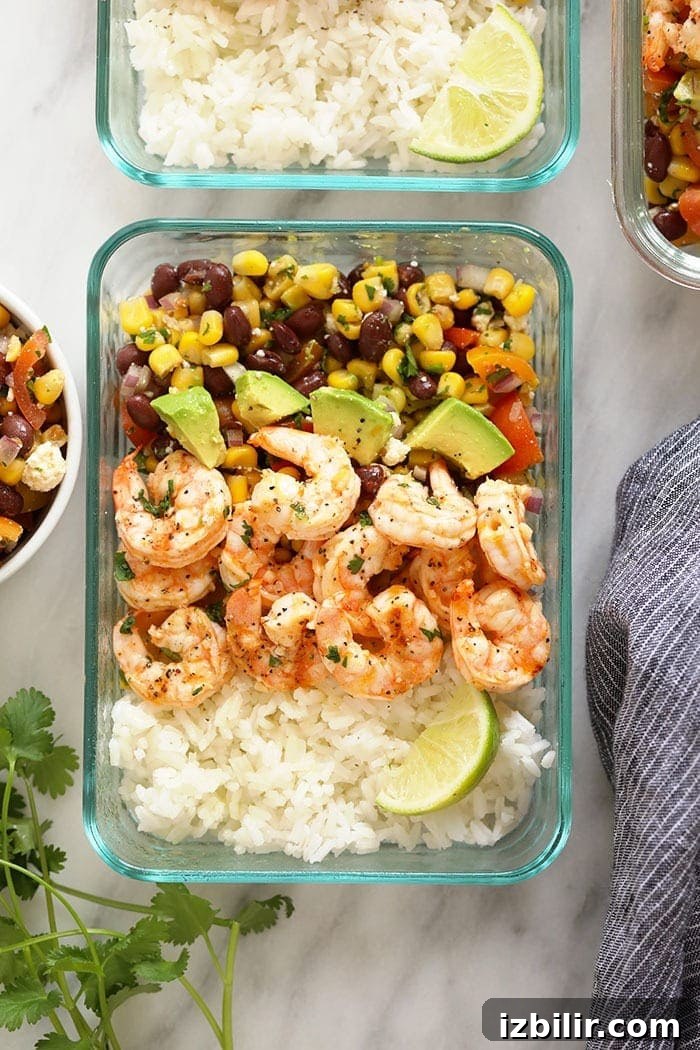 Grilled shrimp meal prep bowl.