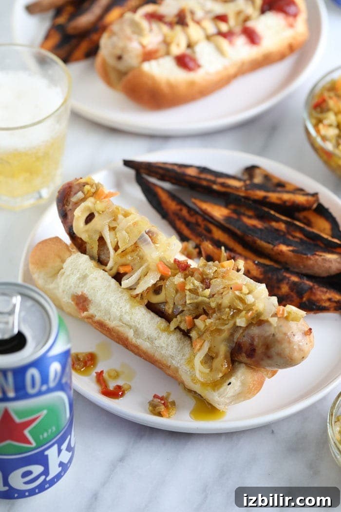 Beer brat with toppings beer brat with toppings