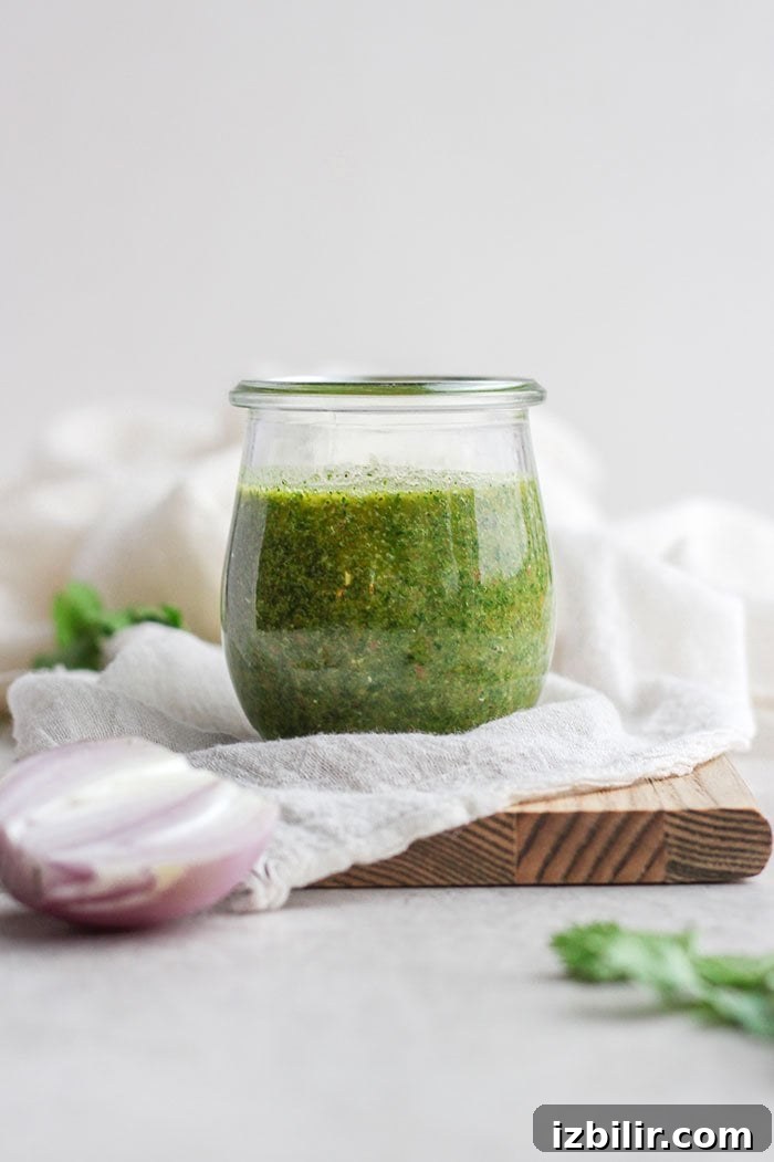 chimichurri sauce in a glass jar