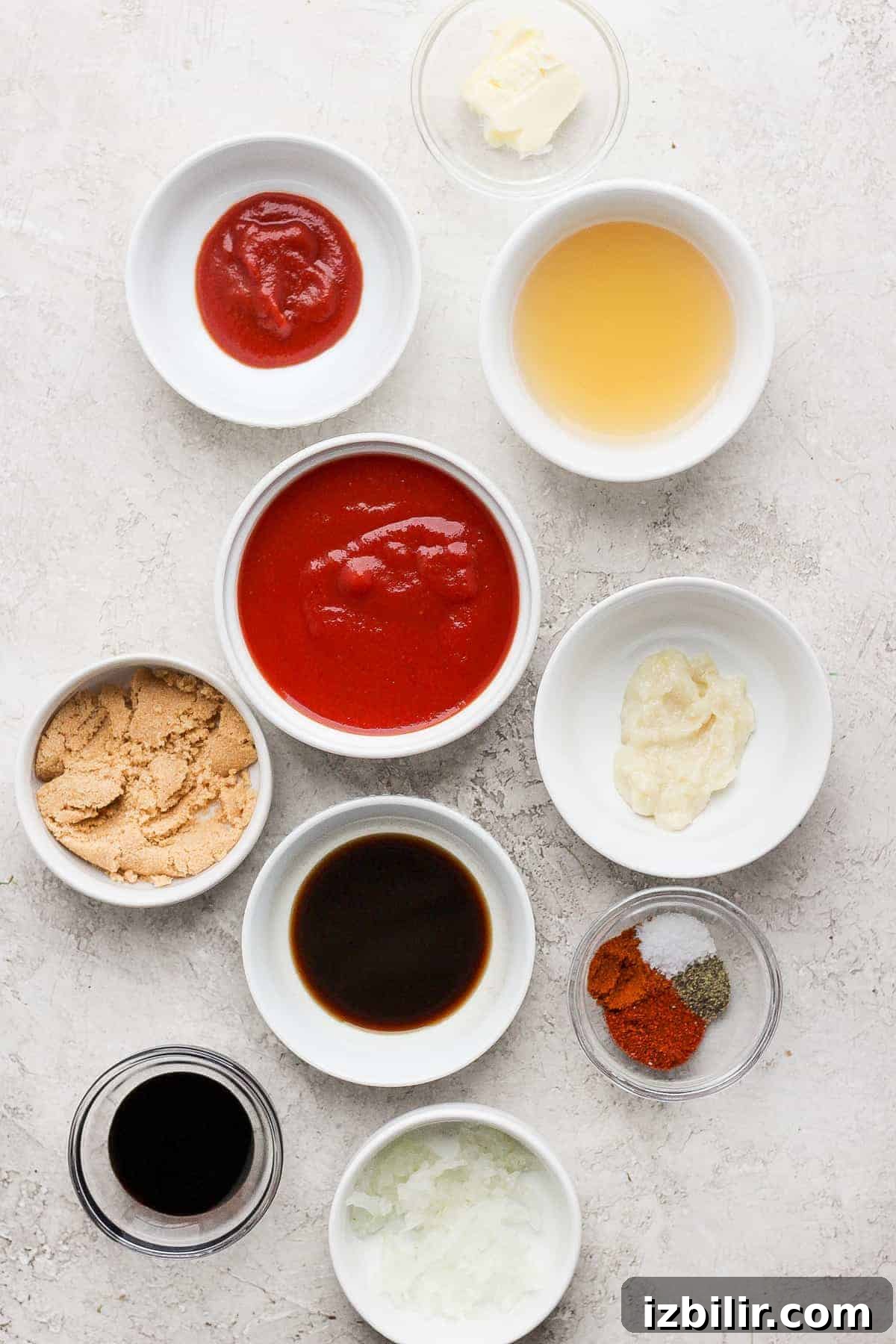 homemade BBQ sauce ingredients in bowls ready to be mixed together.