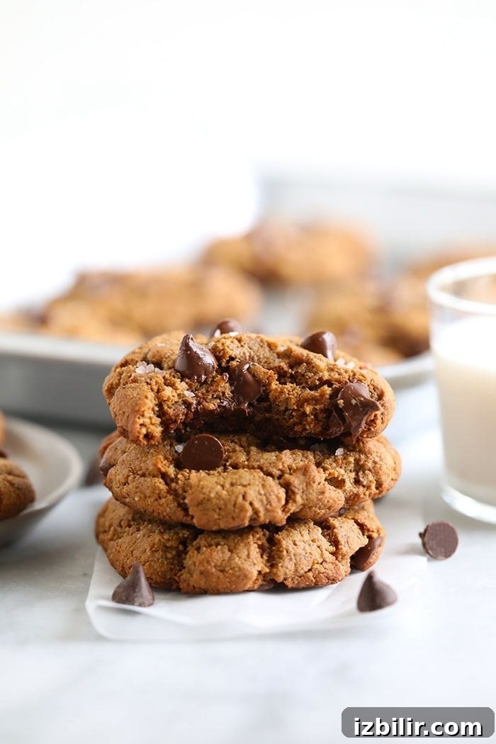 Say hello to the most delicious healthy chocolate chip cookies on the internet! These ooey-gooey almond flour chocolate chip cookies are naturally sweetened and grain-free. And guess what? They don't taste healthy! stack of chocolate chip cookies