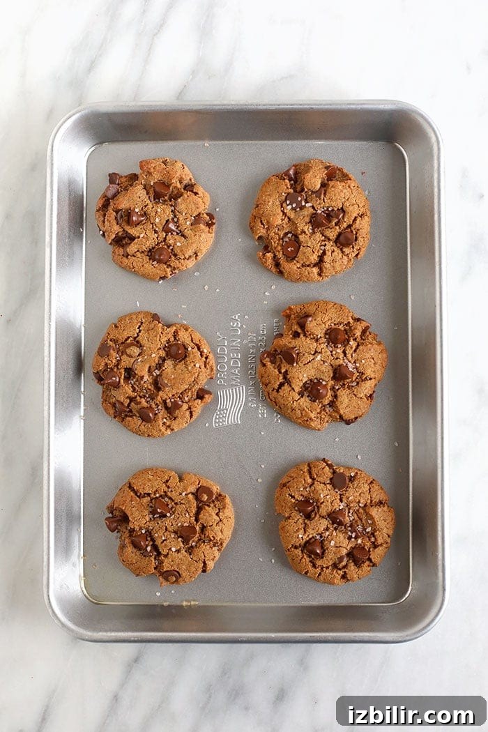 The most perfect healthy chocolate chip cookies that are made with grain free flour, almond butter, chocolate chips, and sea salt! chocolate chip cookies on pan