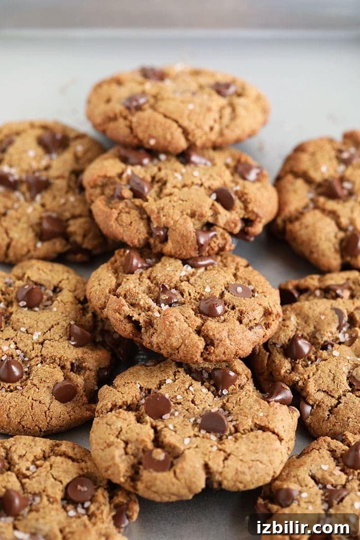 The most perfect healthy chocolate chip cookies that are made with grain free flour, almond butter, chocolate chips, and sea salt! cookies on baking sheet