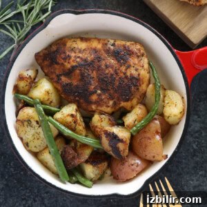 100+ Nutritious Dinner Recipes for Weeknights 2 Healthy dinner idea: roasted chicken with potatoes and green beans in a skillet.