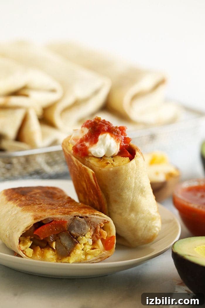 Fajita Breakfast Burritos Fajita breakfast burrito on a plate