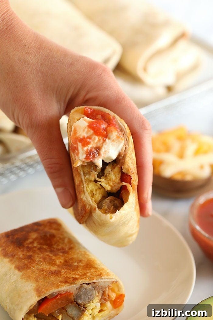 Fajita breakfast burritos ready to eat A hand holding fajita breakfast burritos
