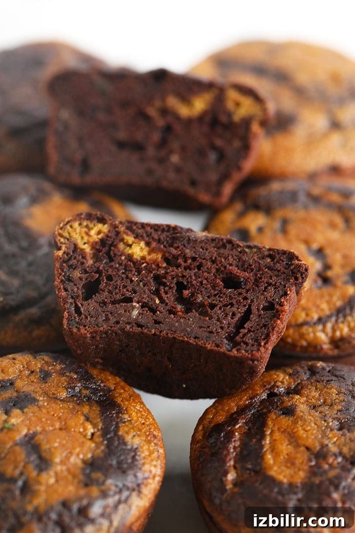 Cross-section showing chocolate and pumpkin swirl chocolate pumpkin zucchini muffins cut in half to show the swirl
