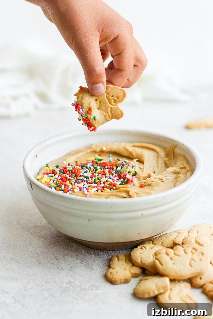 This funfetti cake batter dip is a sweet treat that is not only delicious but healthy! It's made with garbanzo beans, maple syrup, cashew butter, and vanilla. It tastes exactly like cake batter! Animal crackers dipped into cake batter dip