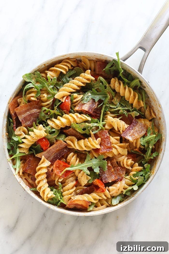 BLT pasta ready to serve BLT pasta in a skillet ready to be served