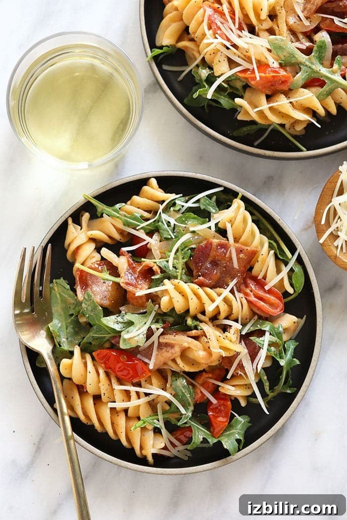 BLT pasta plated BLT pasta plated and ready to be eaten