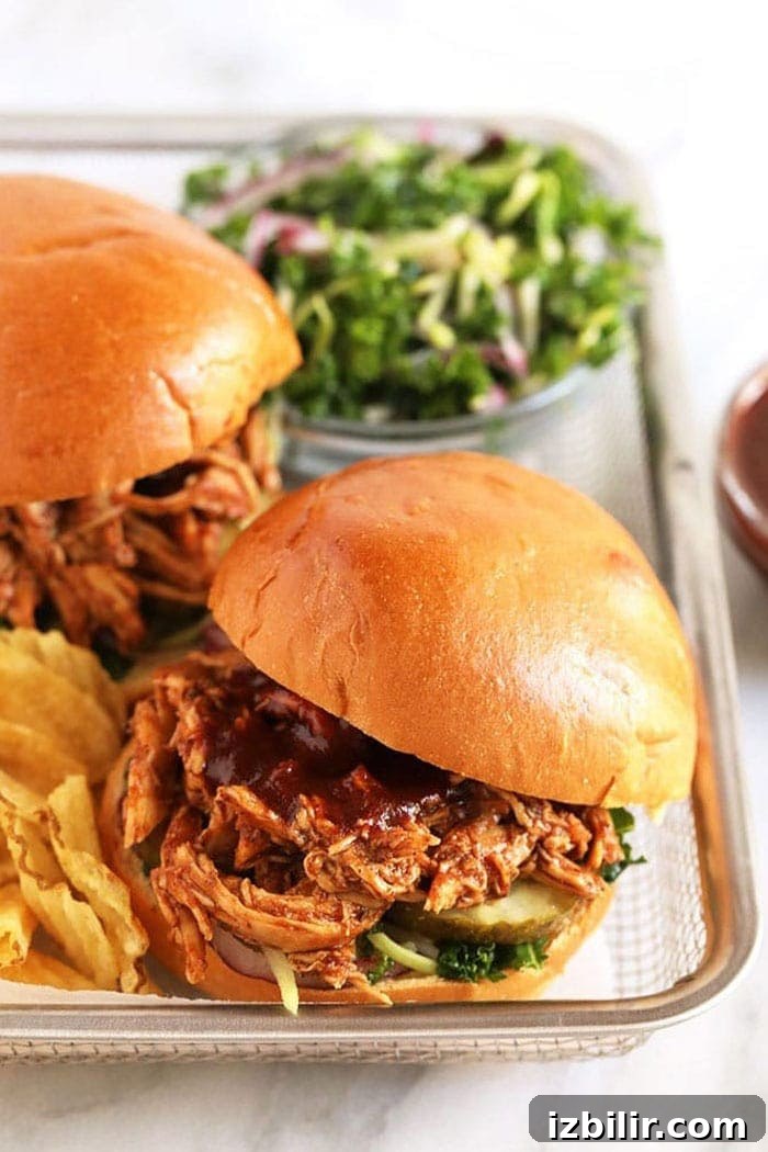 No matter the time of year BBQ Pulled Chicken is the way to go for any gathering. pulled chicken on bun with chips